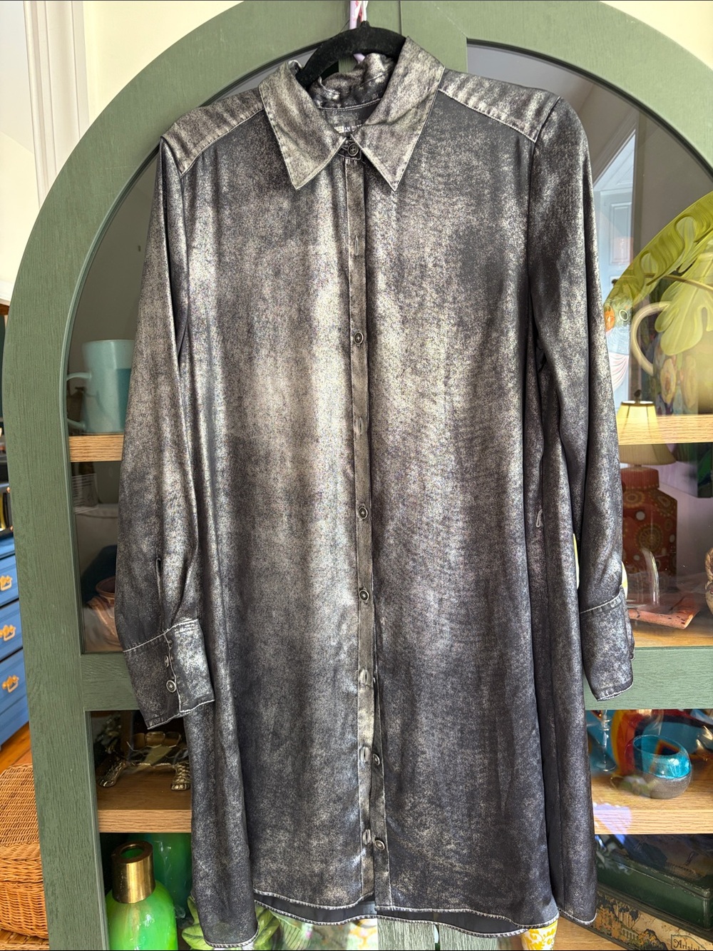 Urban Outfitters Silver Metallic Long Sleeve Shirt Dress